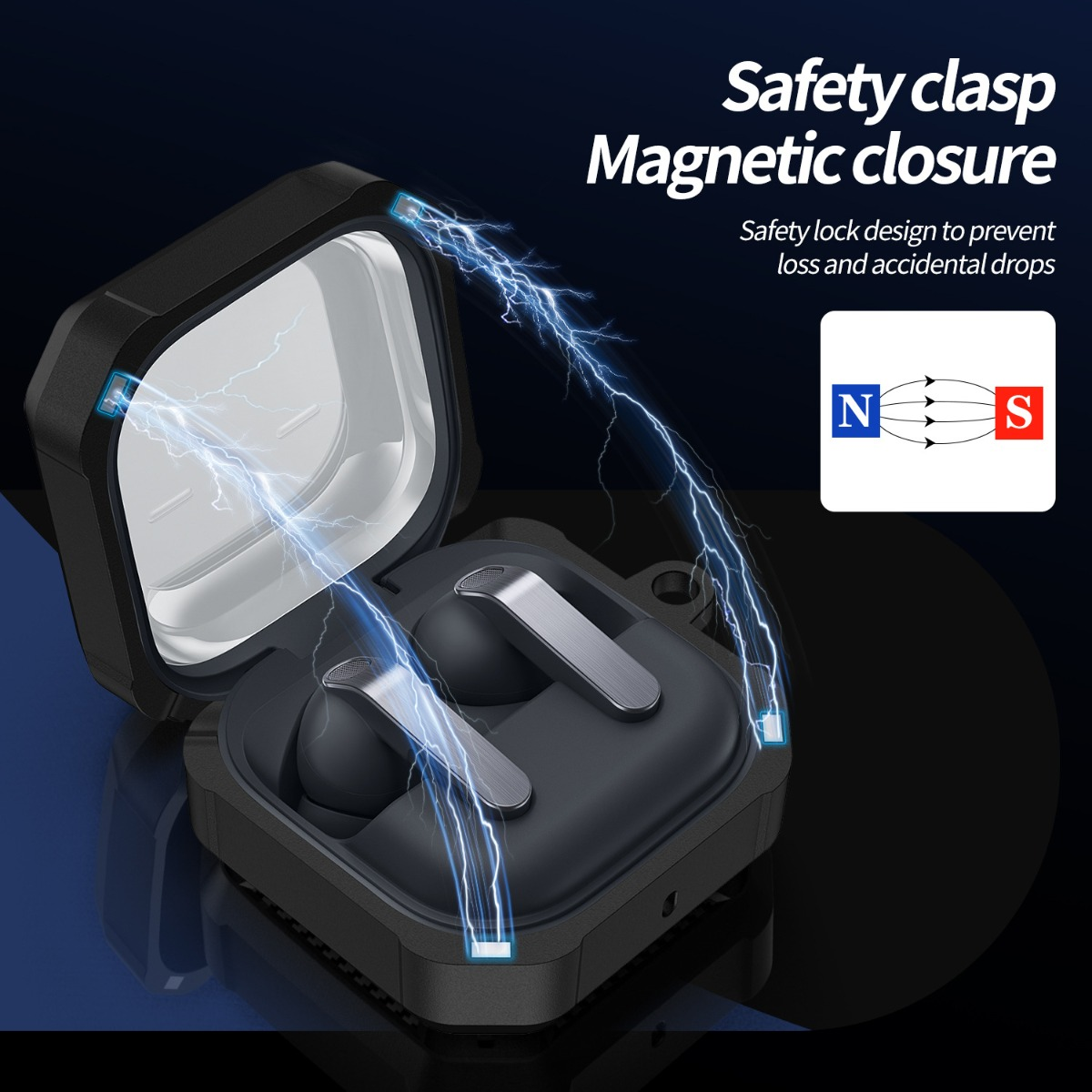 Custodia di ricarica nera con auricolari, chiusura magnetica, effetti fulmine.