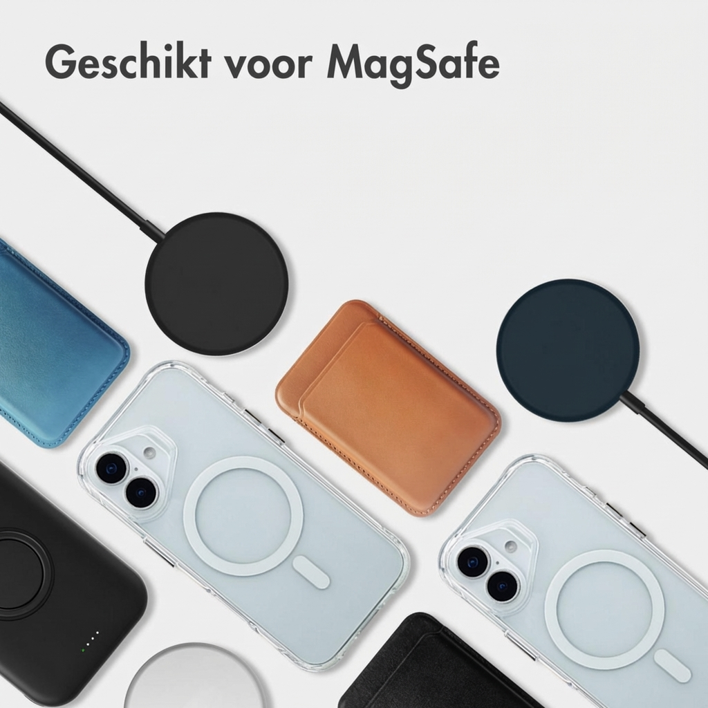 Meerdere MagSafe-compatibele hoesjes en laders op grijze achtergrond.