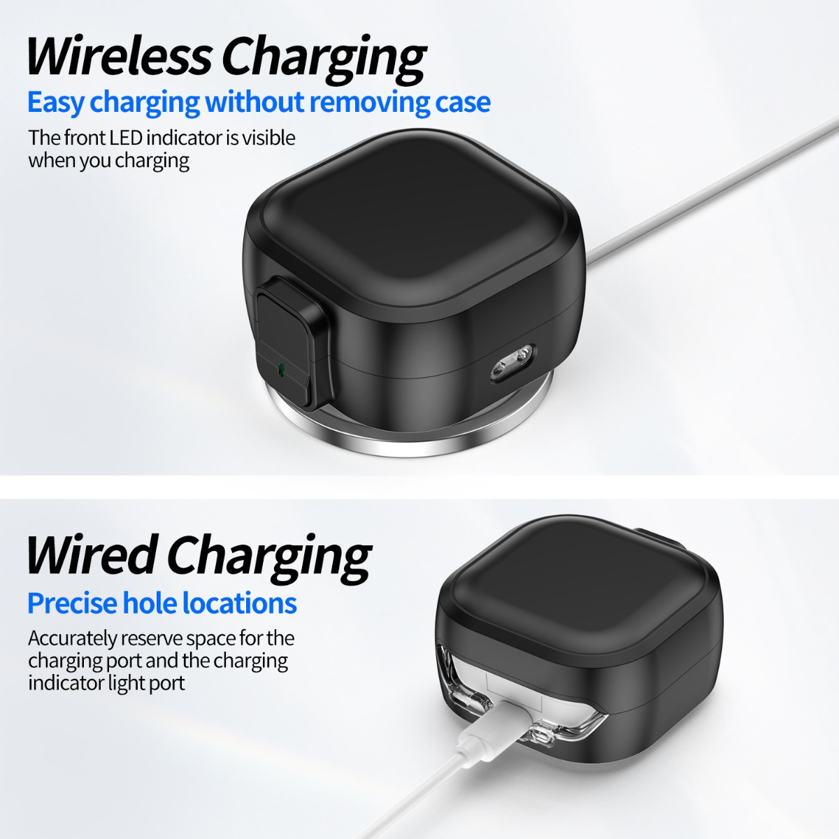 Custodia di ricarica nera: wireless e cablata. Indicatore LED visibile.