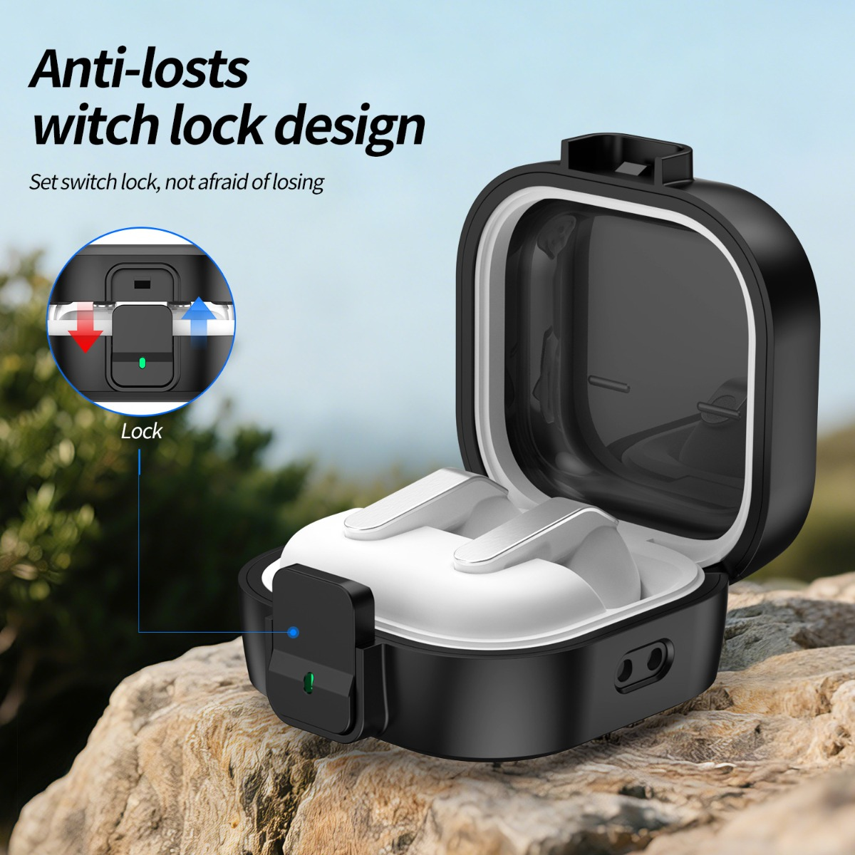 Una custodia nera aperta con un inserto bianco su rocce.