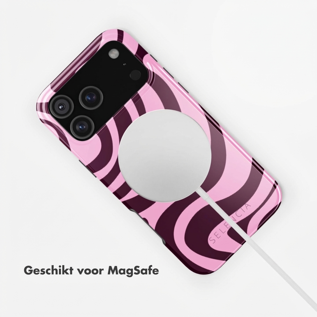 Een roze telefoonhoes met donkere wervelingen, MagSafe compatibel.