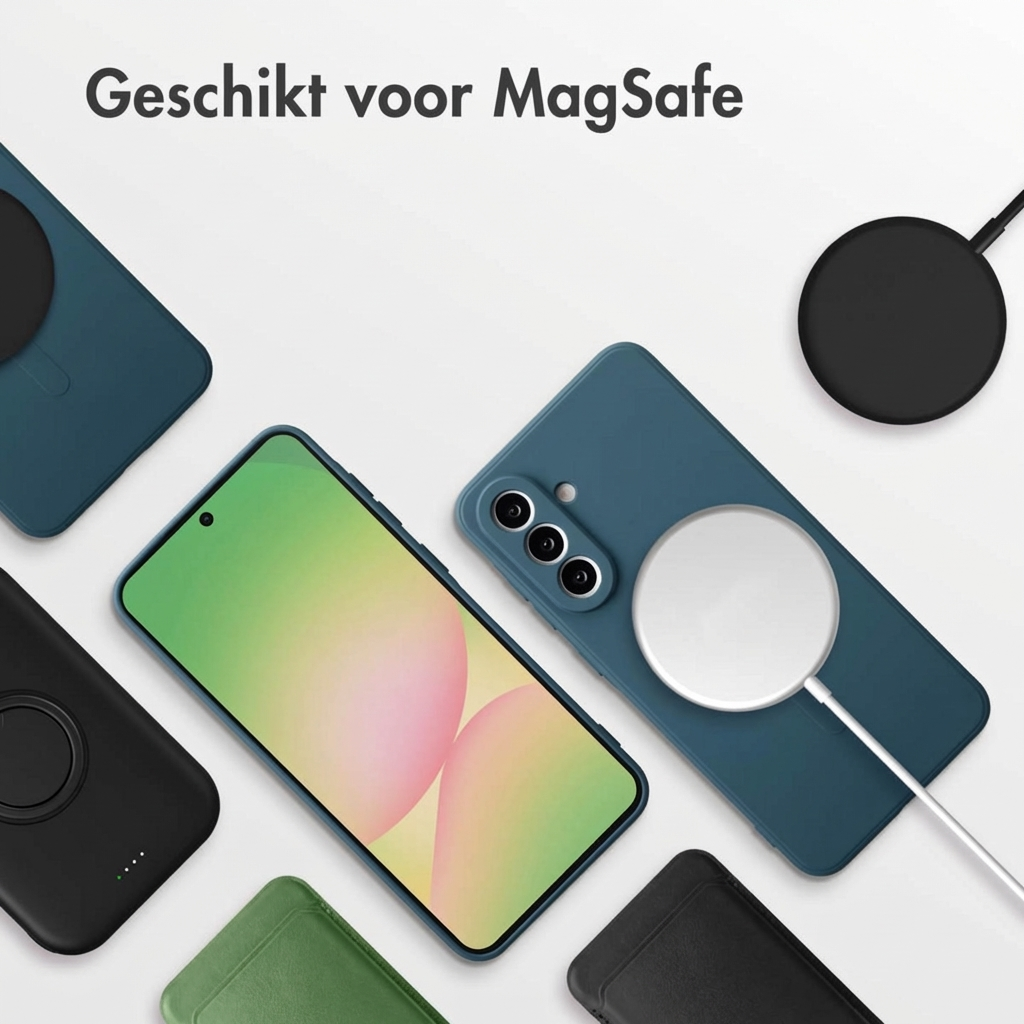 Drie blauwe telefoonhoesjes met MagSafe-laders en een smartphone.