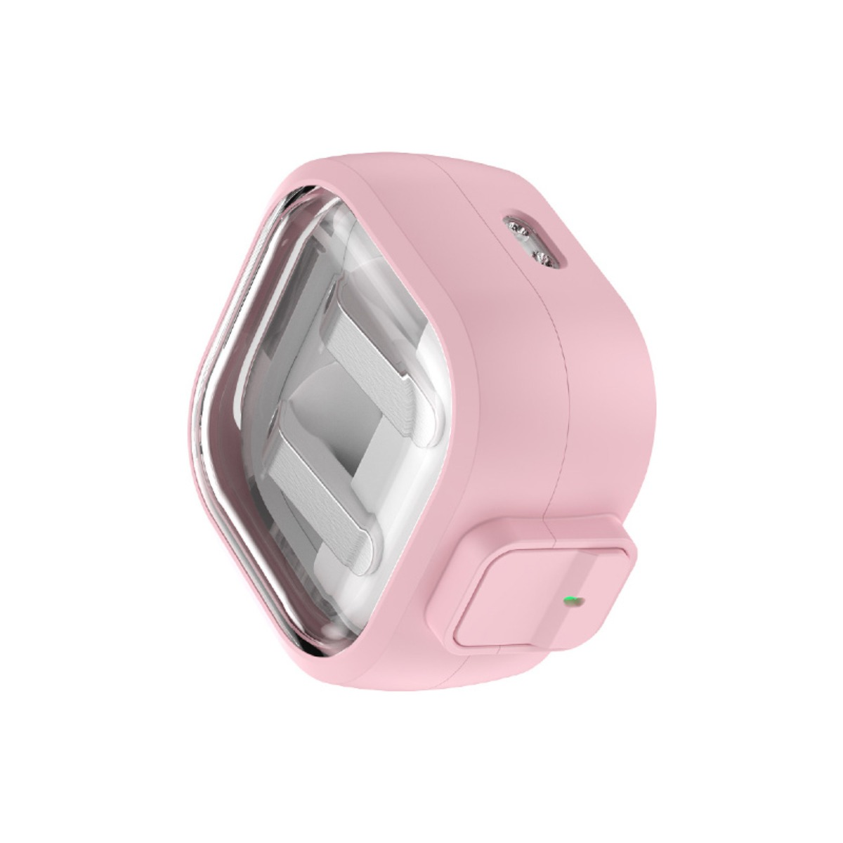 Ein rosa Gerät mit klarem Gehäuse und silbernen Halterungen.