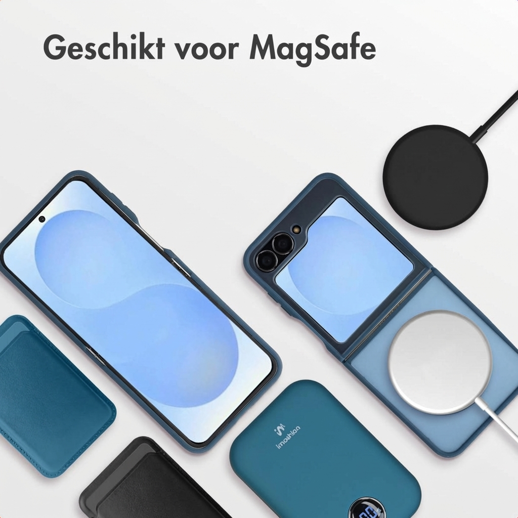 Deux coques de téléphone bleues, une banque d'alimentation et un chargeur MagSafe sur fond blanc.