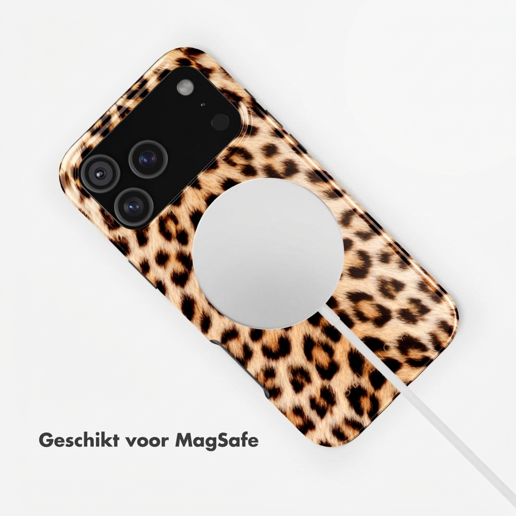 Leopardprint telefoonhoes met MagSafe-cirkel en cameramodule.