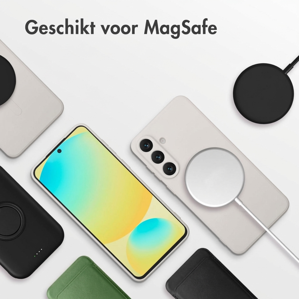 Meerdere smartphones en MagSafe-laders op witte achtergrond.