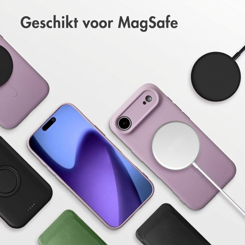 Coque violette pour iPhone avec chargeur MagSafe et autres accessoires.
