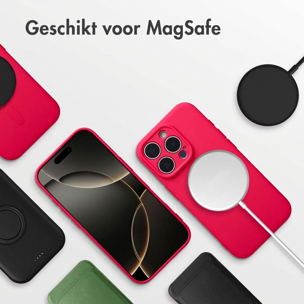 Een iPhone met rode hoes en MagSafe-oplader in de buurt.