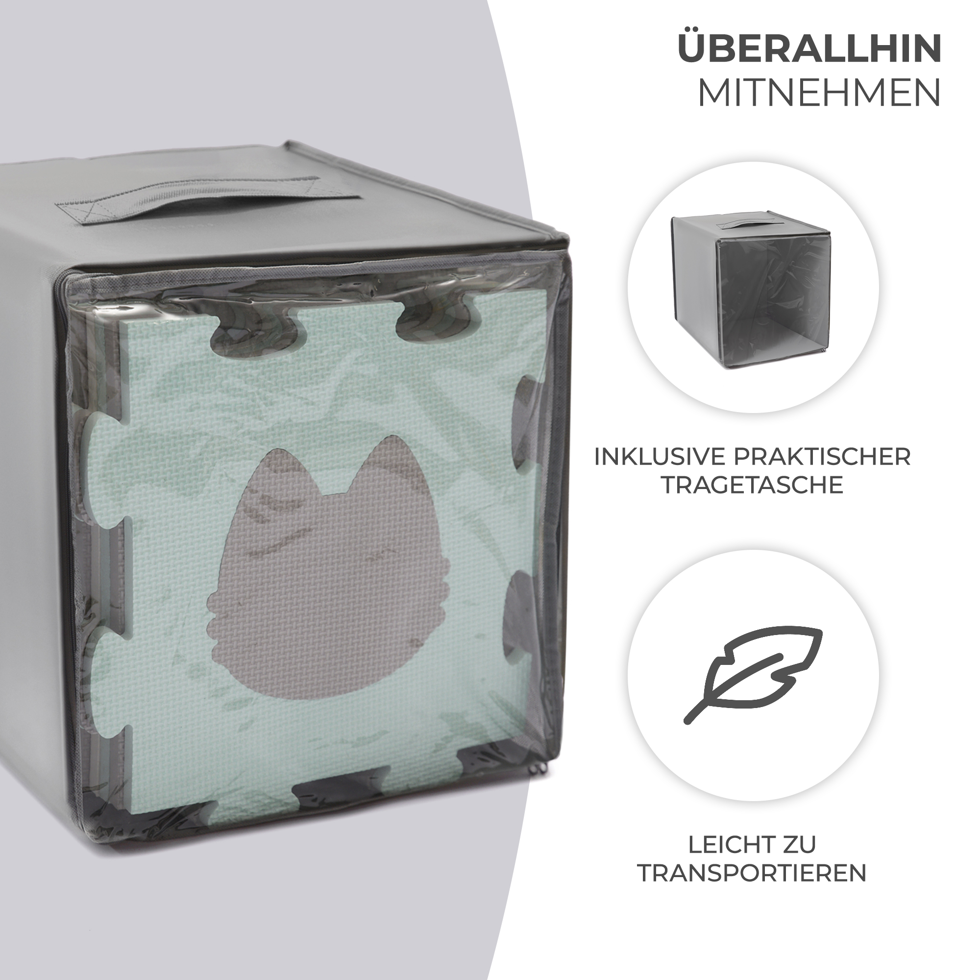 Graue Tasche mit hellgrünen Puzzlematten mit Katzenmotiv, leicht zu transportieren.