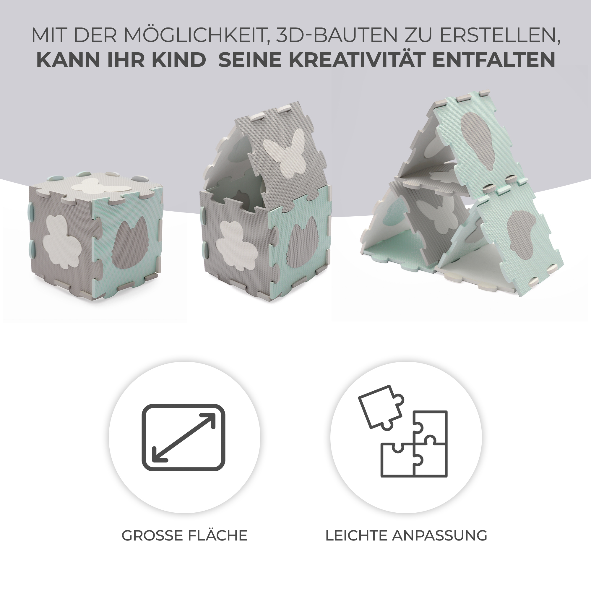 Graue und mintgrüne Schaumstoffteile ergeben 3D-Konstruktionen mit Tiermotiven.