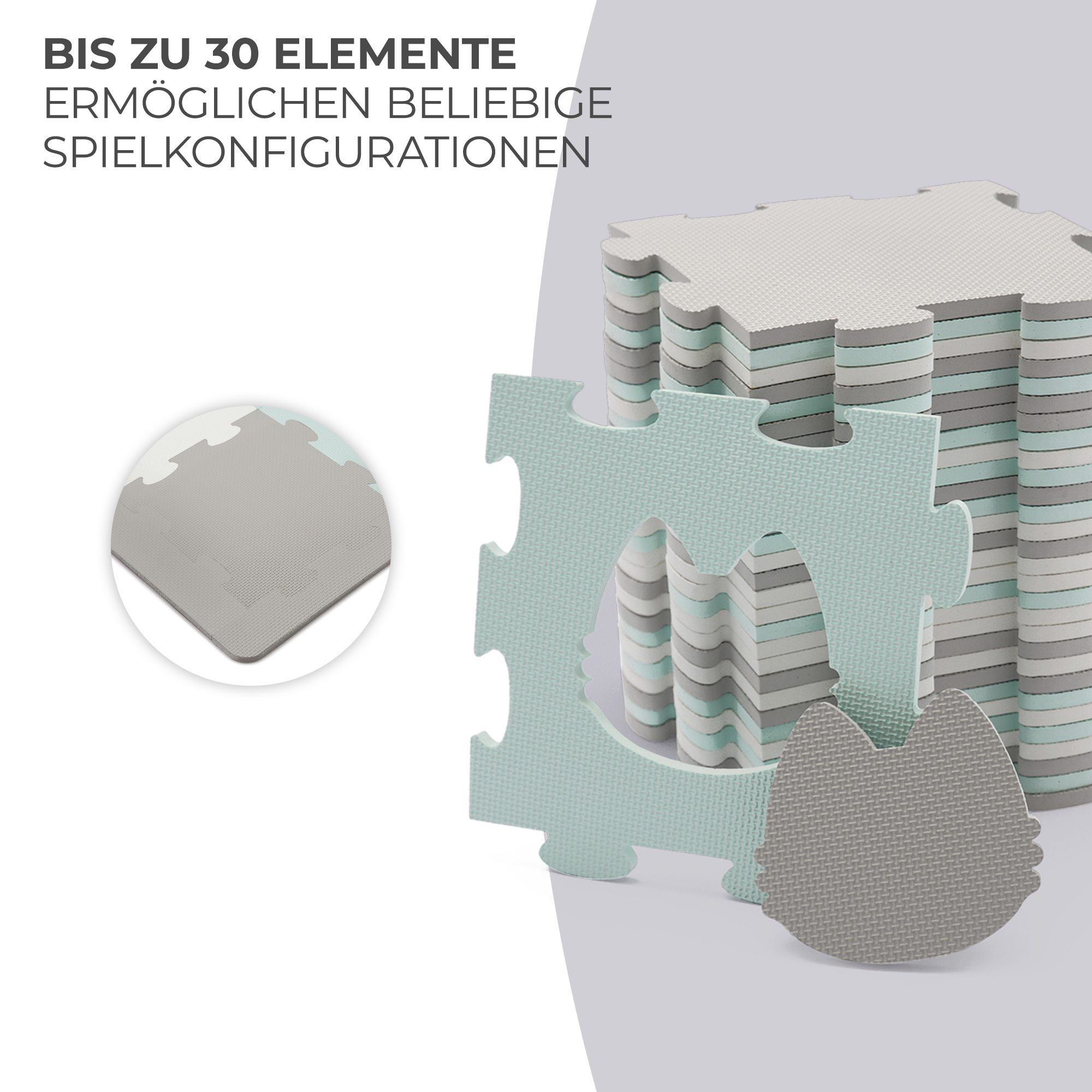 Stapel von Puzzlematten in Grau, Mintgrün und Weiß. Eine Matte ist herausgenommen.