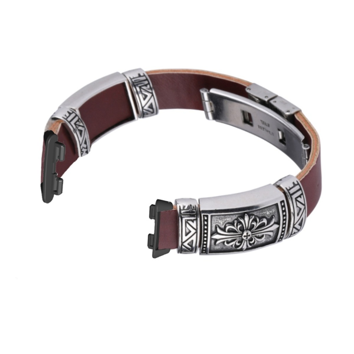 Braunes Lederarmband mit silbernen Verzierungen und Schnallen.