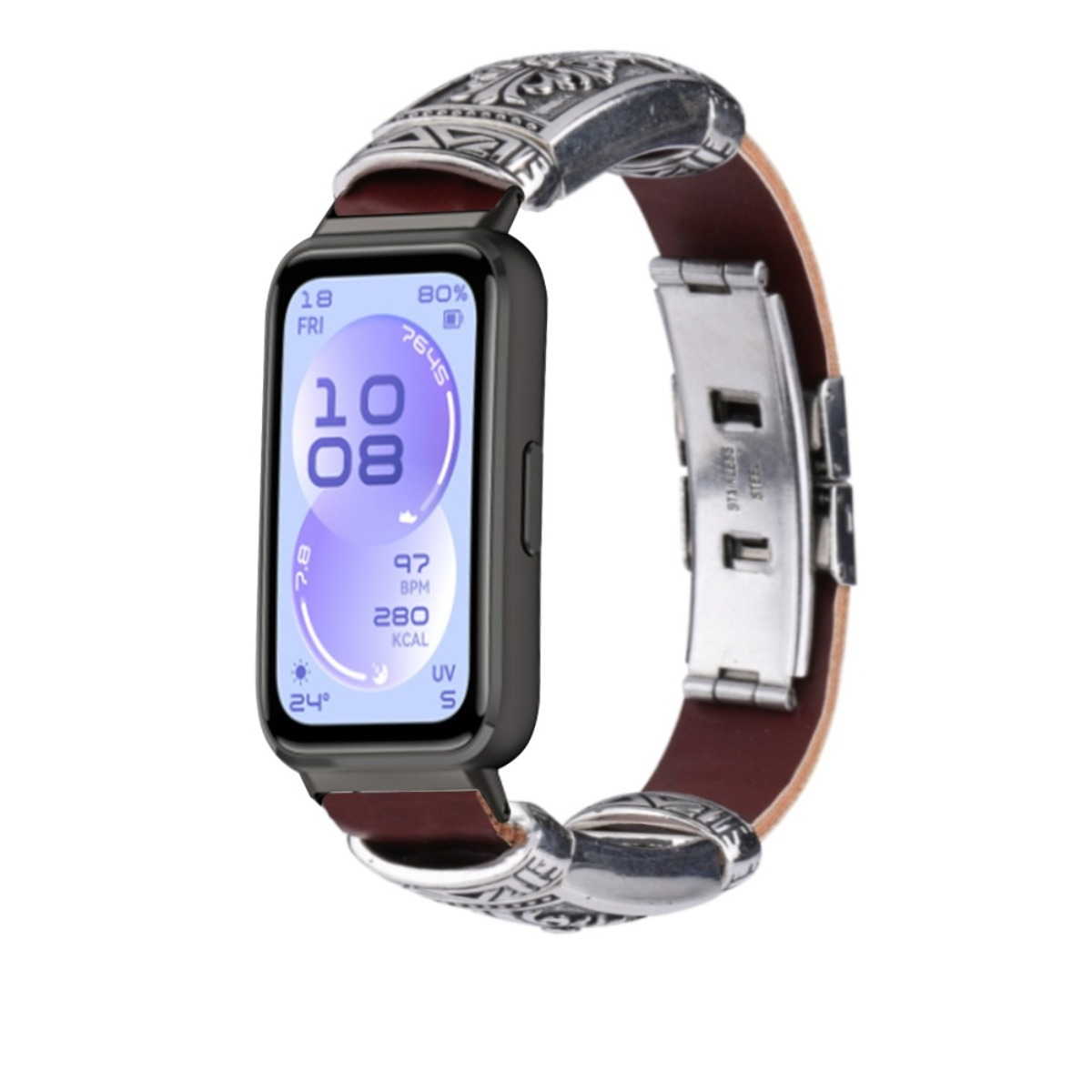 Graue Smartwatch mit braunem Lederarmband und silberner Schnalle.
