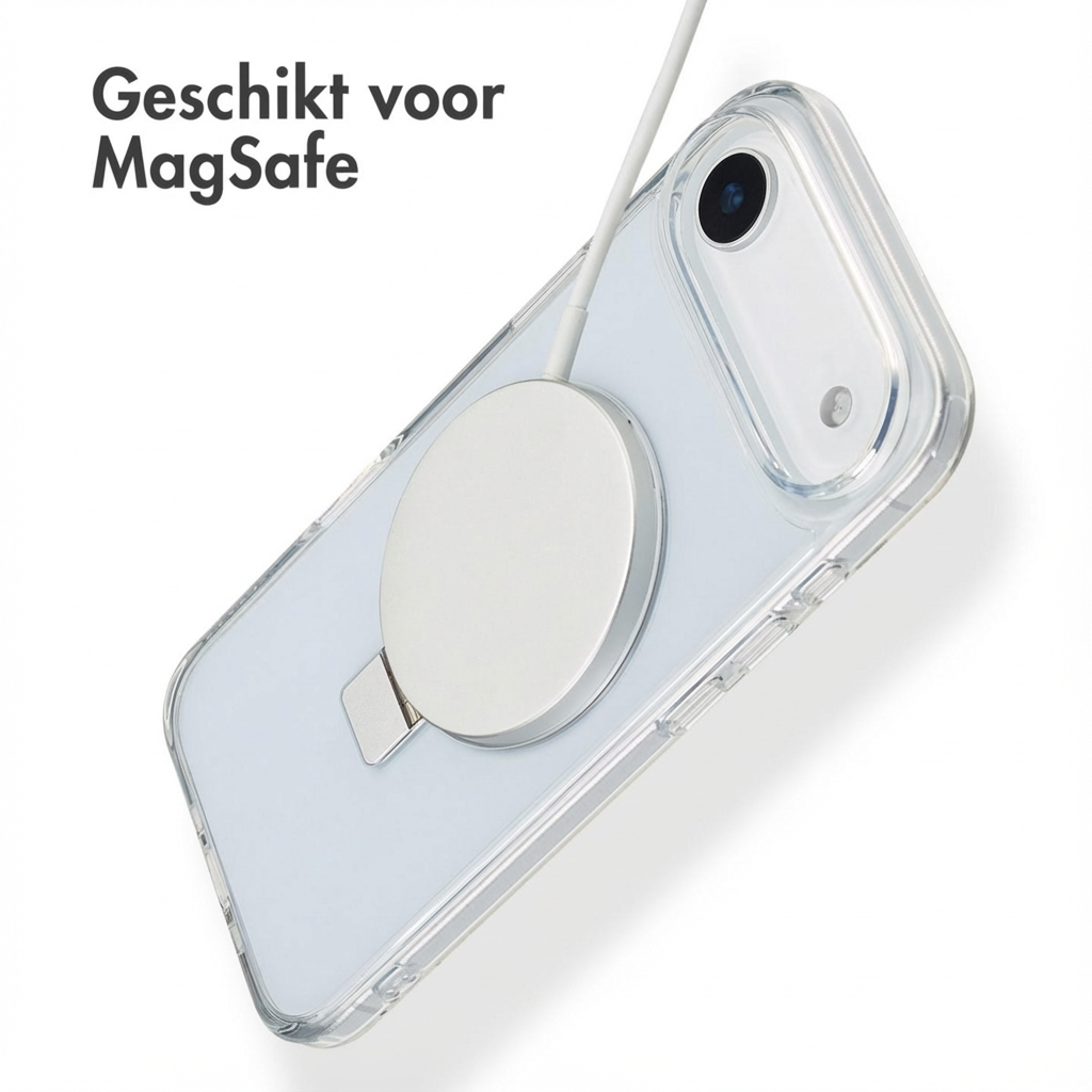 Een doorzichtige telefoonhoes met MagSafe lader en kabel eraan.