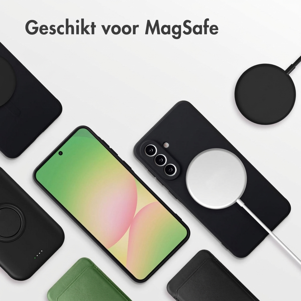 Un smartphone avec chargeur MagSafe et étuis.