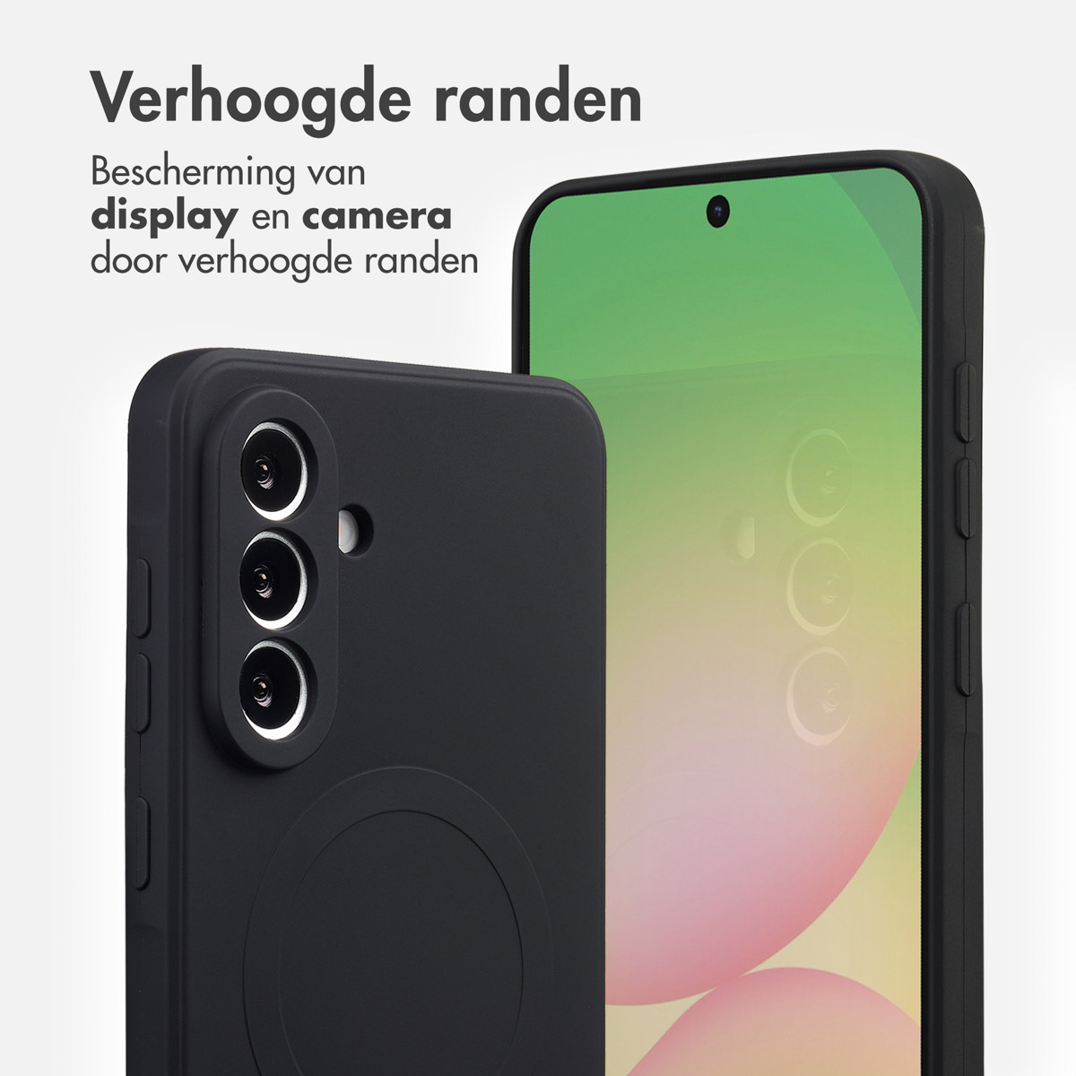 Coque de téléphone noire à bords surélevés protège écran et appareil.