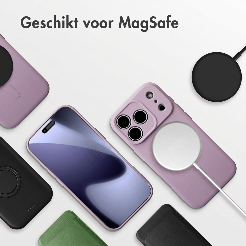 Paarse en zwarte telefoonhoesjes met MagSafe-oplader en een smartphone.