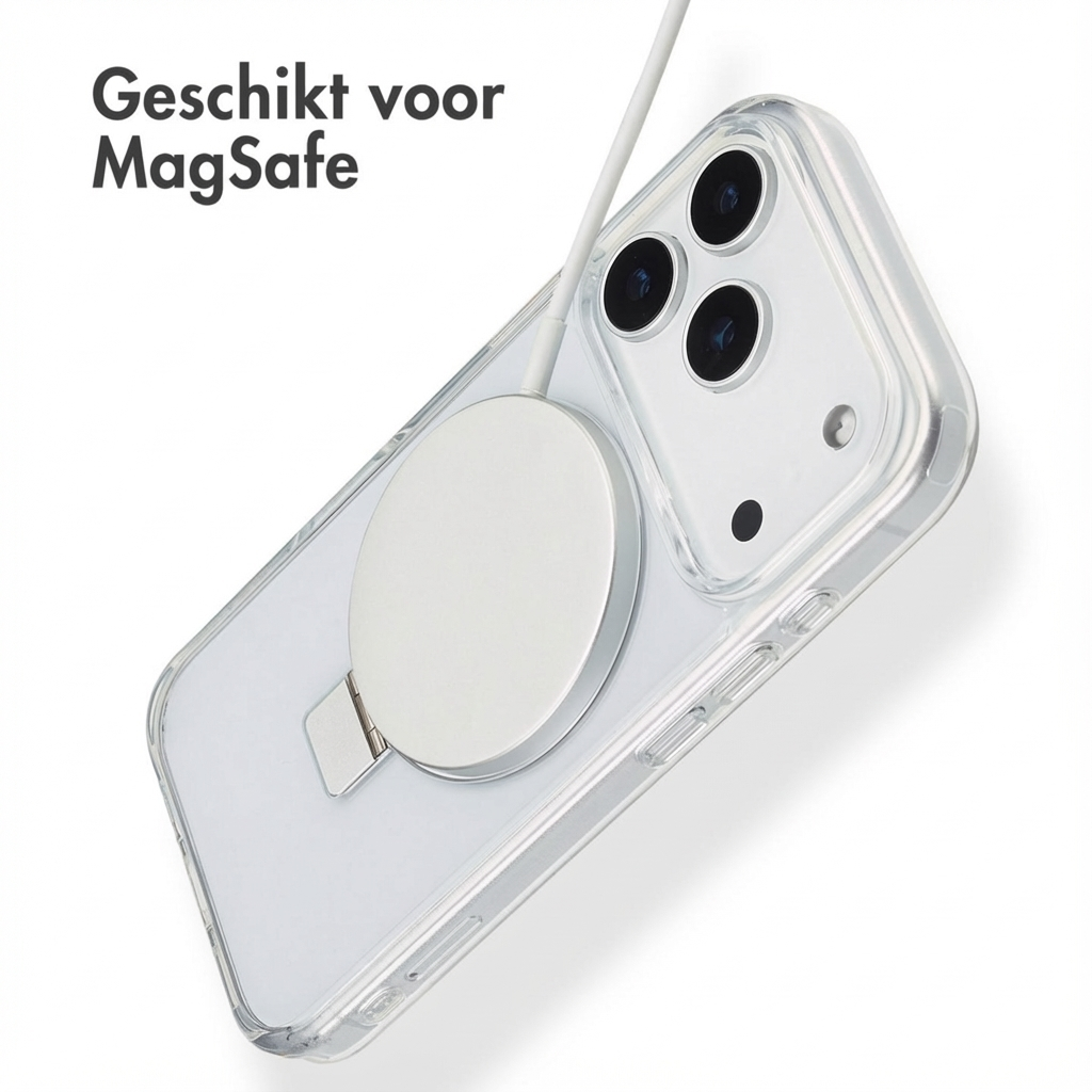 Durchsichtige Handyhülle mit MagSafe-Ladegerät und Kabel.