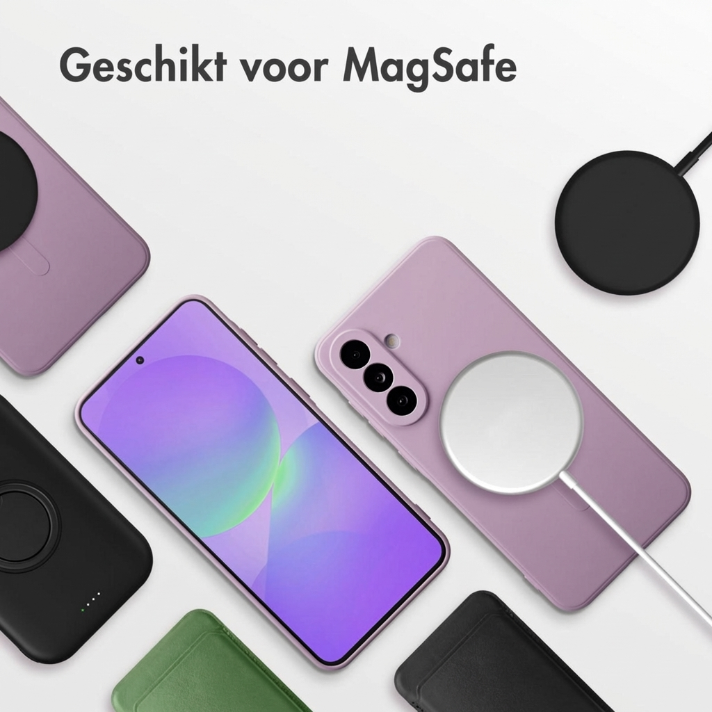 Paarse telefoonhoesjes en MagSafe laders op witte achtergrond. Tekst: Geschikt voor MagSafe.