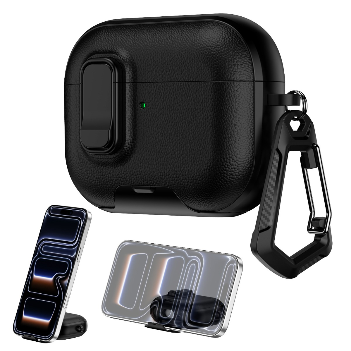 Schwarzes AirPods Pro Case in Lederoptik mit Karabiner und zwei Handys auf Ständern.
