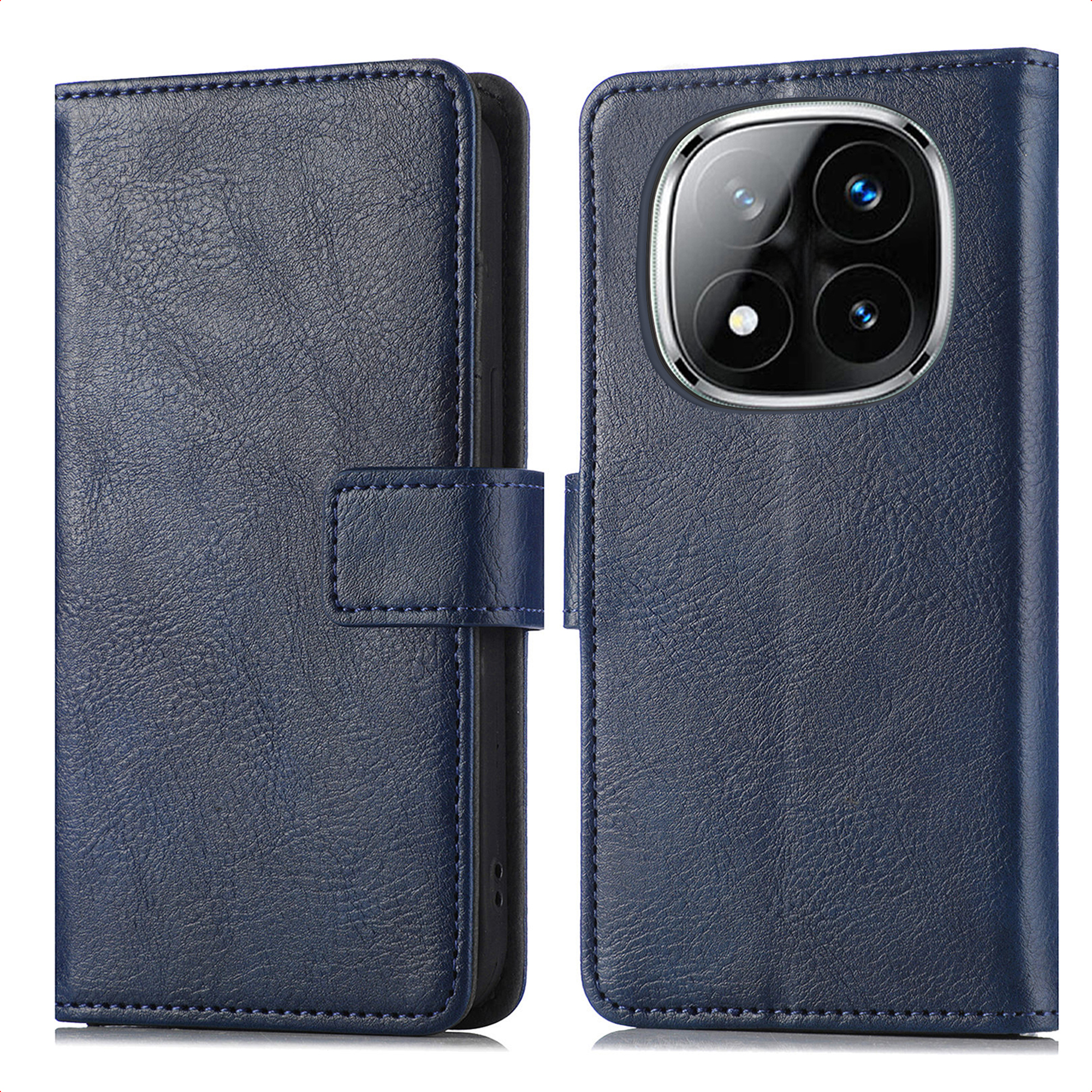 Étui de téléphone en cuir bleu foncé avec objectifs d'appareil photo.