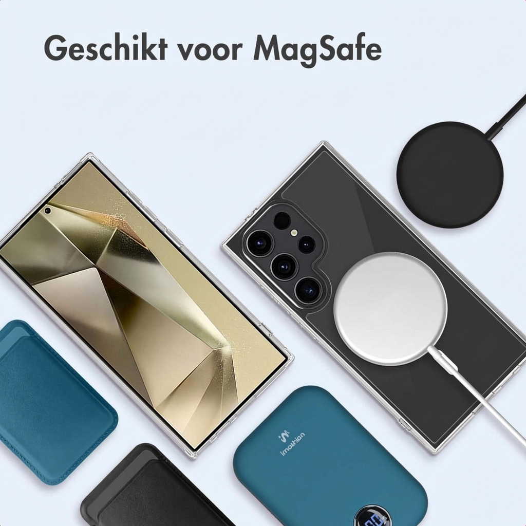 Uno smartphone con caricabatterie MagSafe, power bank e porta-carte.
