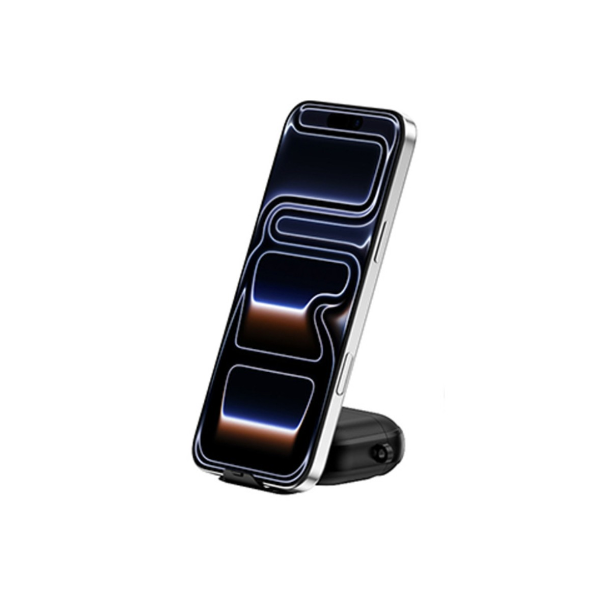 Ein silbernes Smartphone steht auf einem schwarzen Ständer mit einem dunklen Hintergrund.