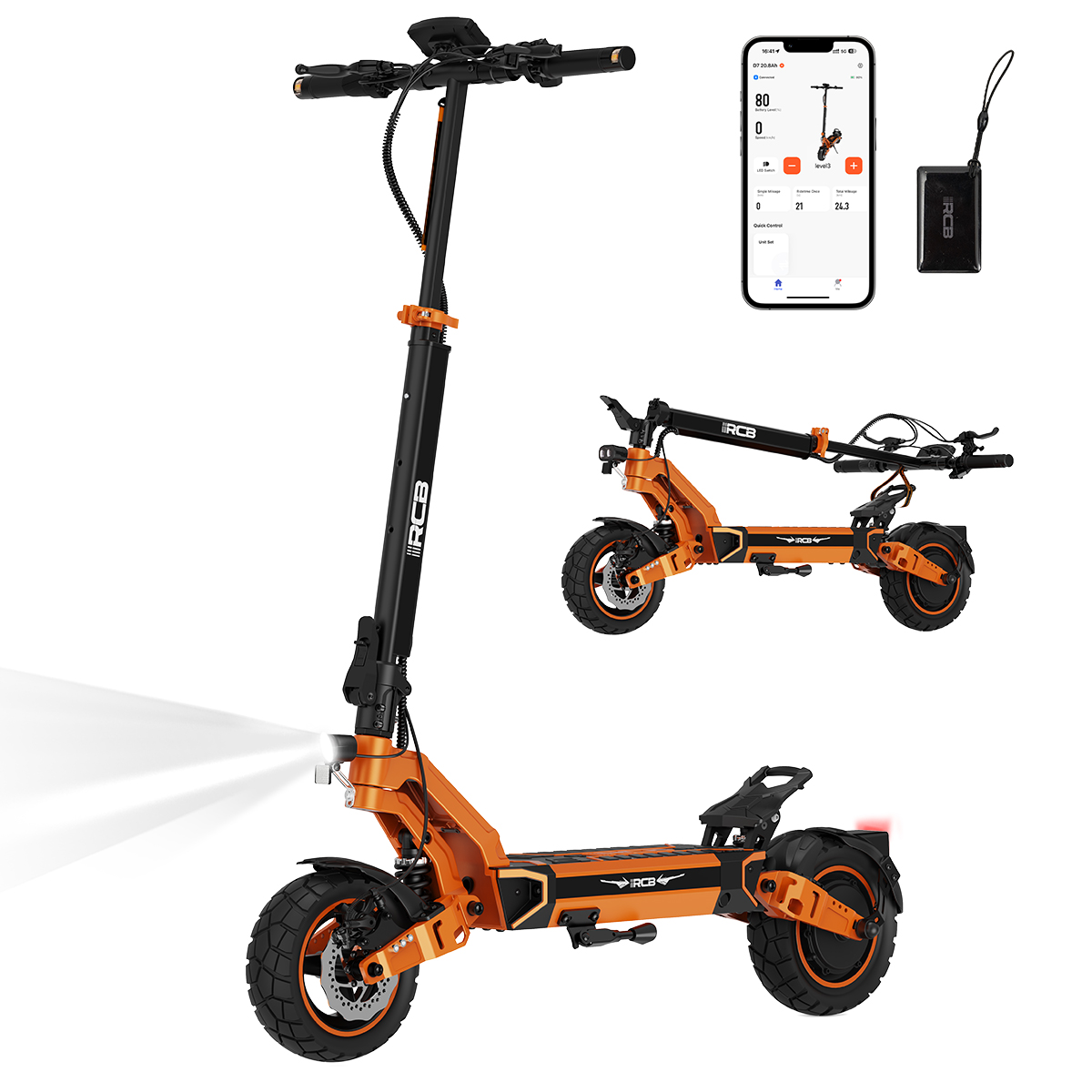 Een oranje elektrische scooter met inklapbaar stuur, twee wielen, verlichting en app-display.