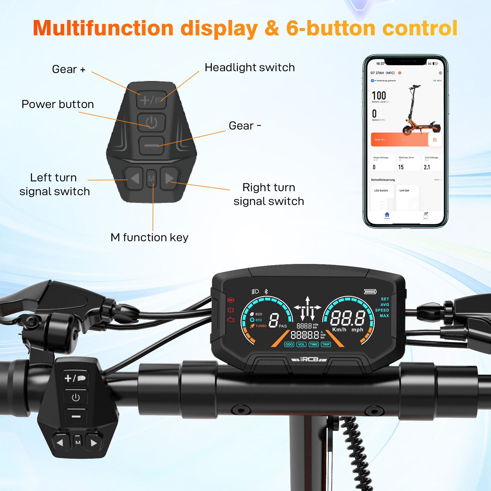 Een elektrisch step display en bedieningseenheid met knoppen en mobiele app weergave.
