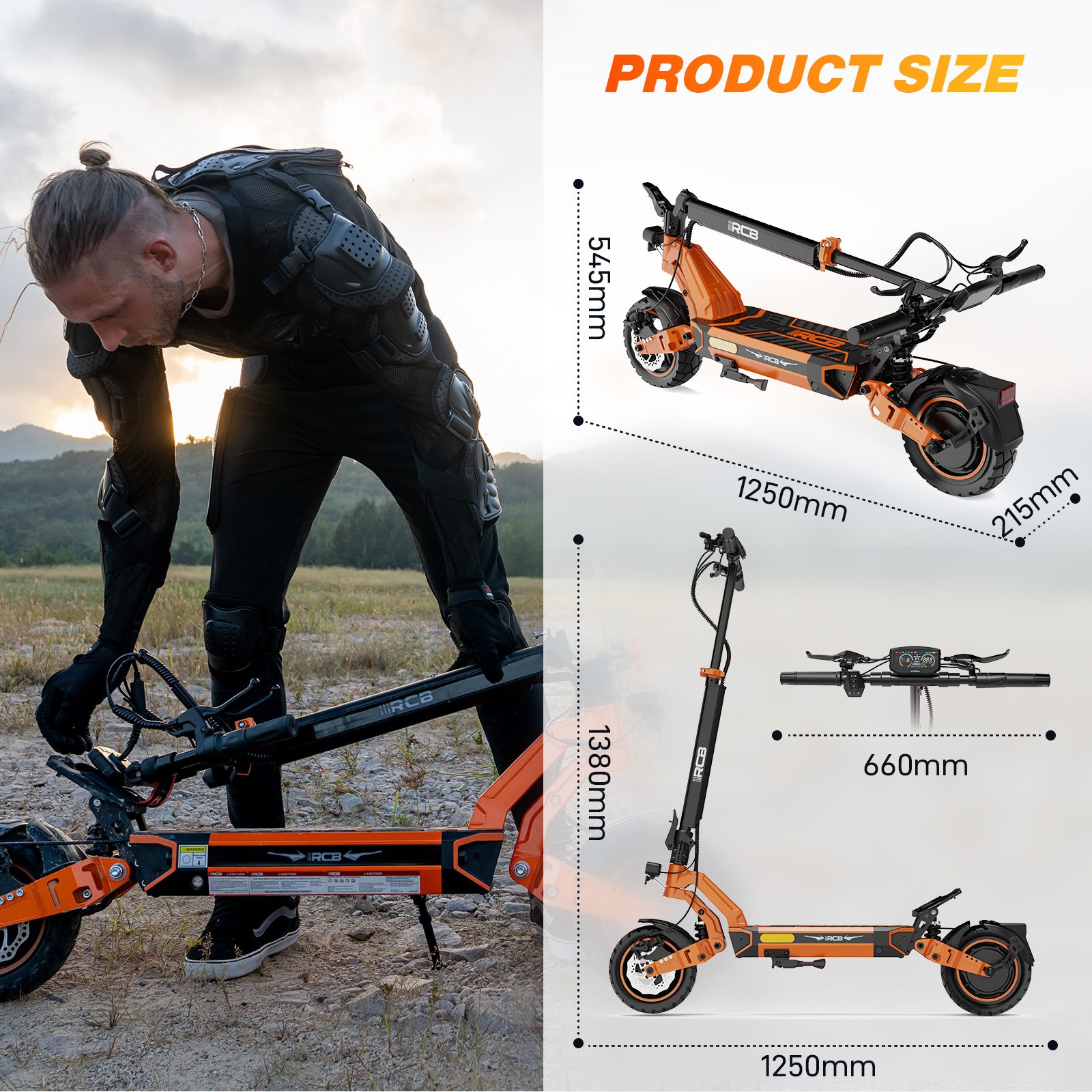 Oranje e-scooter met afmetingen en een man in beschermende kleding.