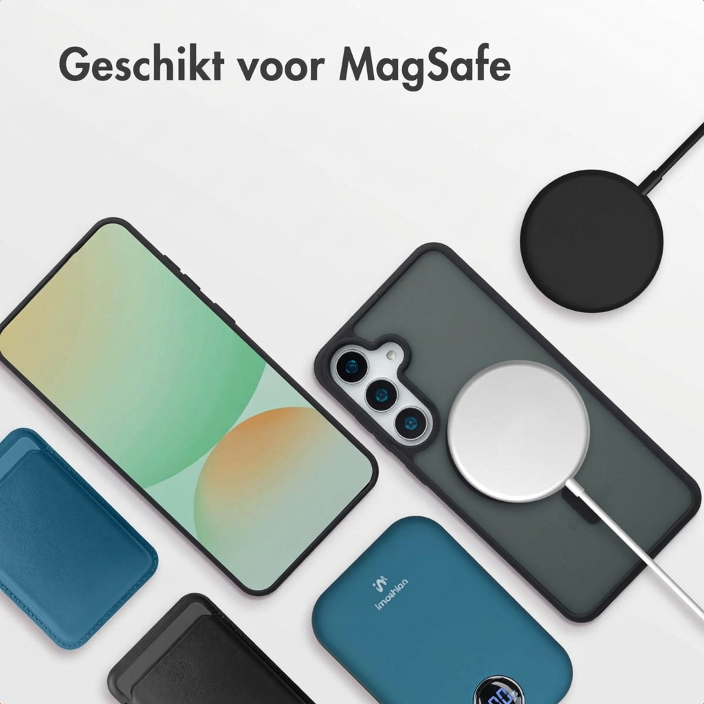Coque de téléphone avec chargeur MagSafe, téléphone et accessoires sur fond blanc.