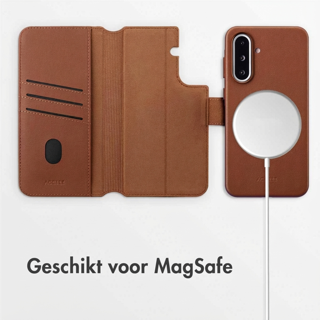 Bruine leren portemonneehoes met kaartsleuven en MagSafe-oplading, open.