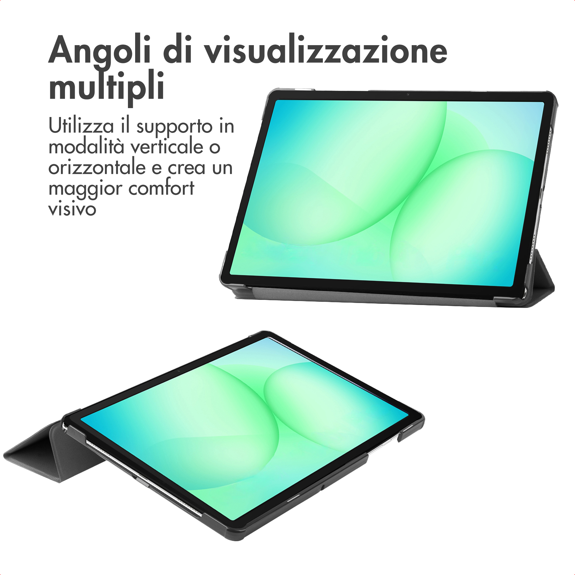 Tablette avec support en deux positions, verticale et horizontale.
