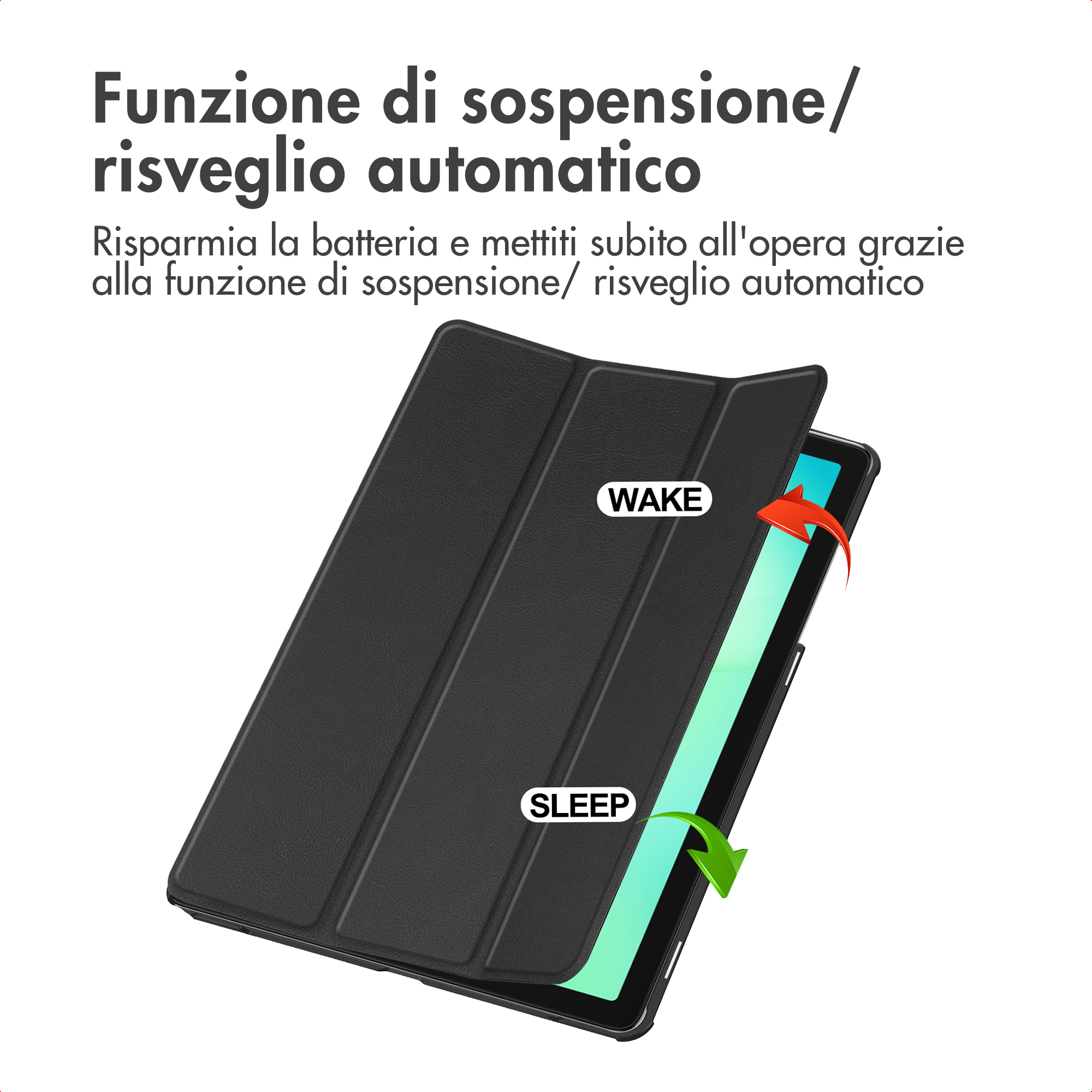 Étui noir pour tablette montrant les fonctions veille/réveil.
