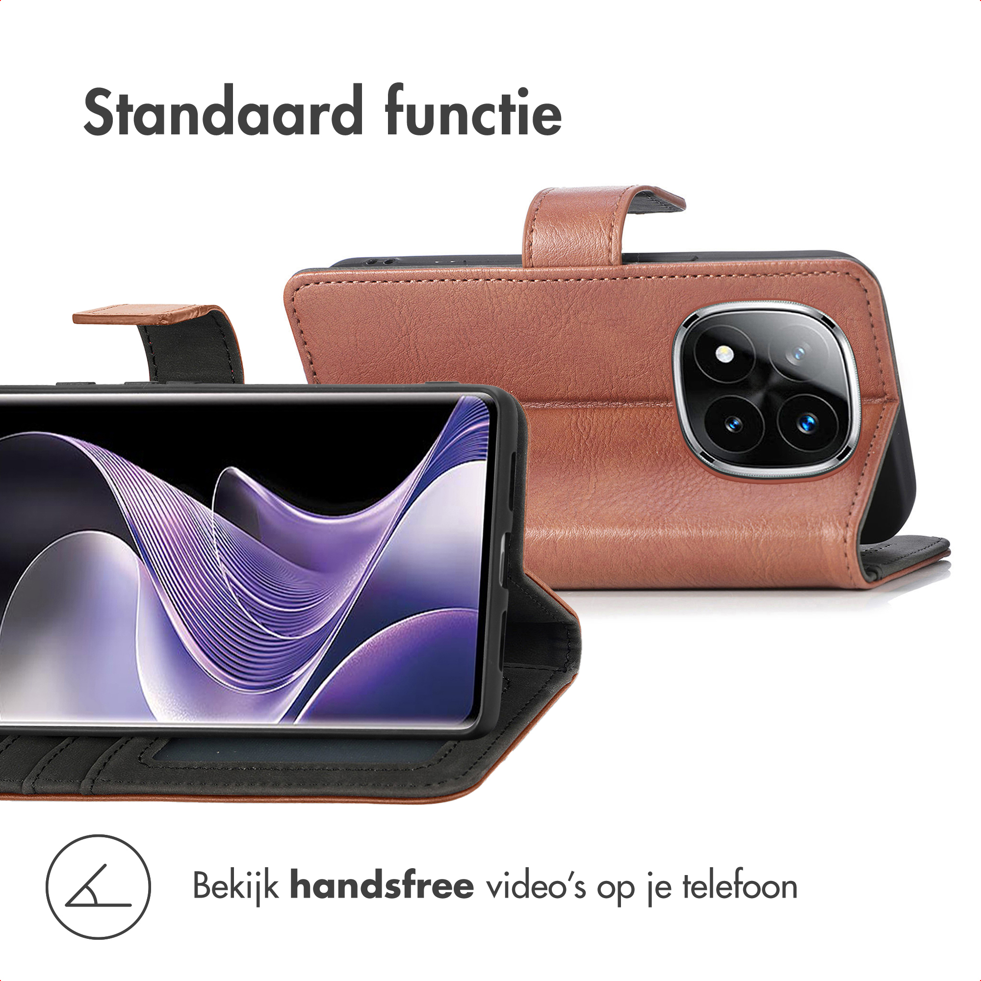 Bruine telefoonhoes met standaardfunctie en camera's.