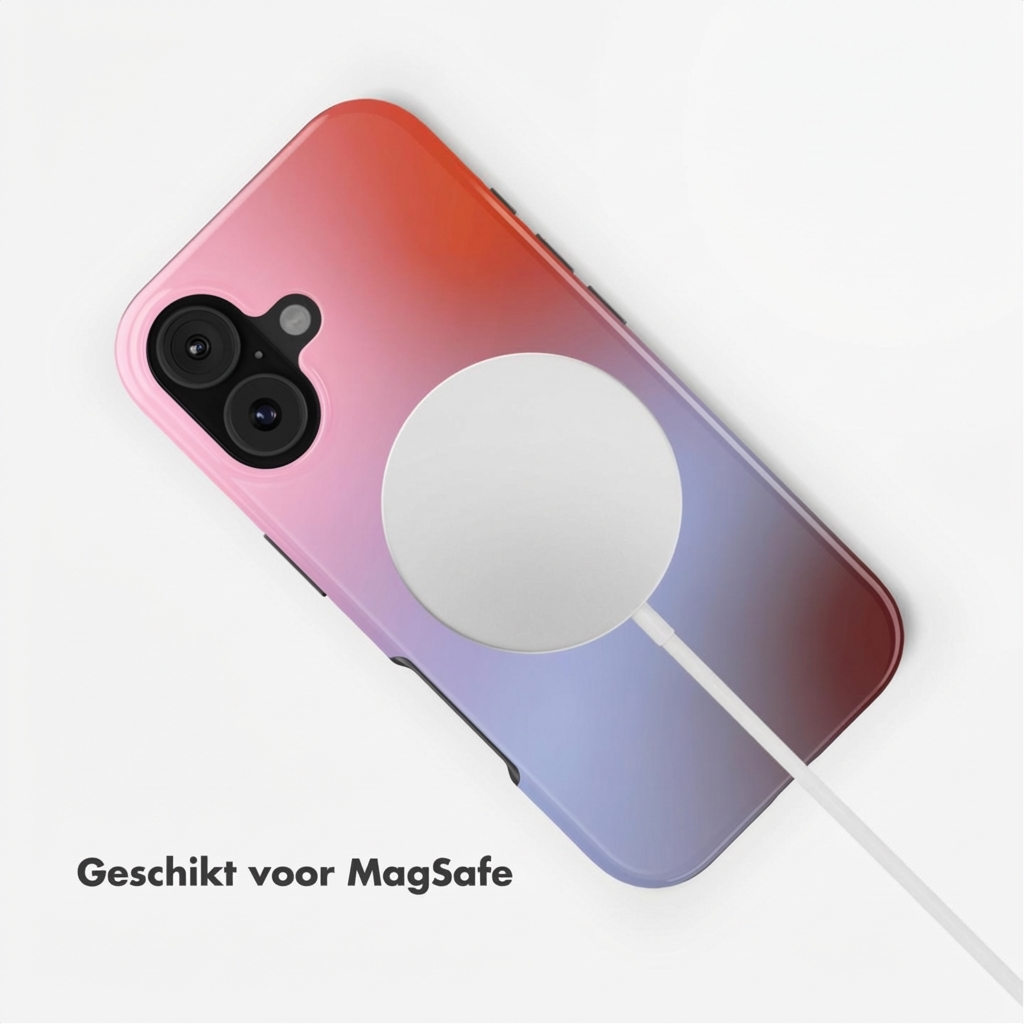 Een telefoonhoesje met rode-paarse gradiënt, met MagSafe lader.