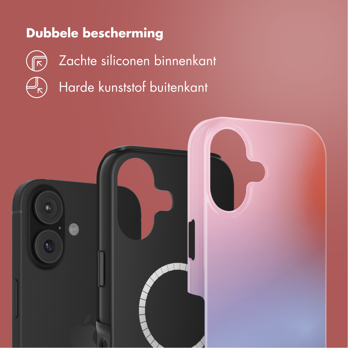 Drie telefoonhoesjes: zwart, zwart met magneetring, roze-paars-oranje kleurverloop.