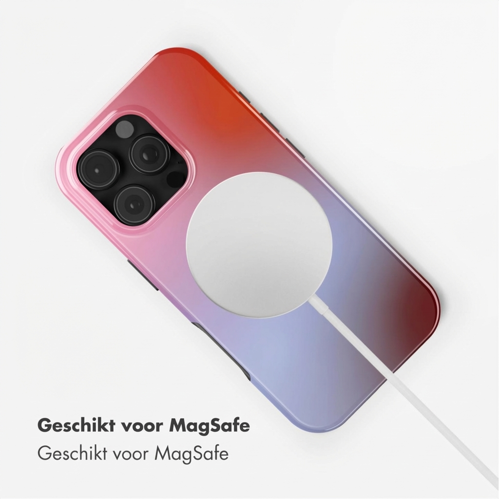 Uno smartphone con caricatore MagSafe, sfumato da rosso a viola.