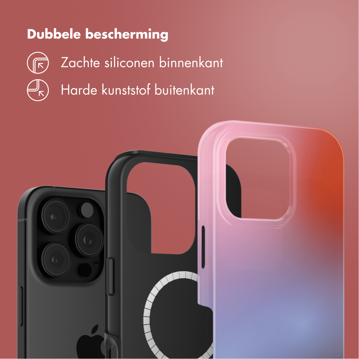 Drie telefoonhoesjes: zwart, zwart met magneet, roze-oranje verloop.
