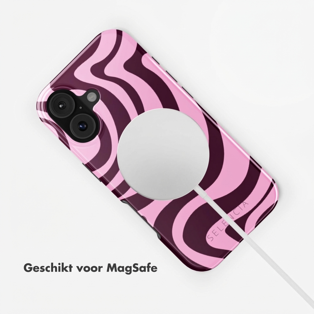 Een roze telefoonhoesje met paars golvend patroon en MagSafe lader.