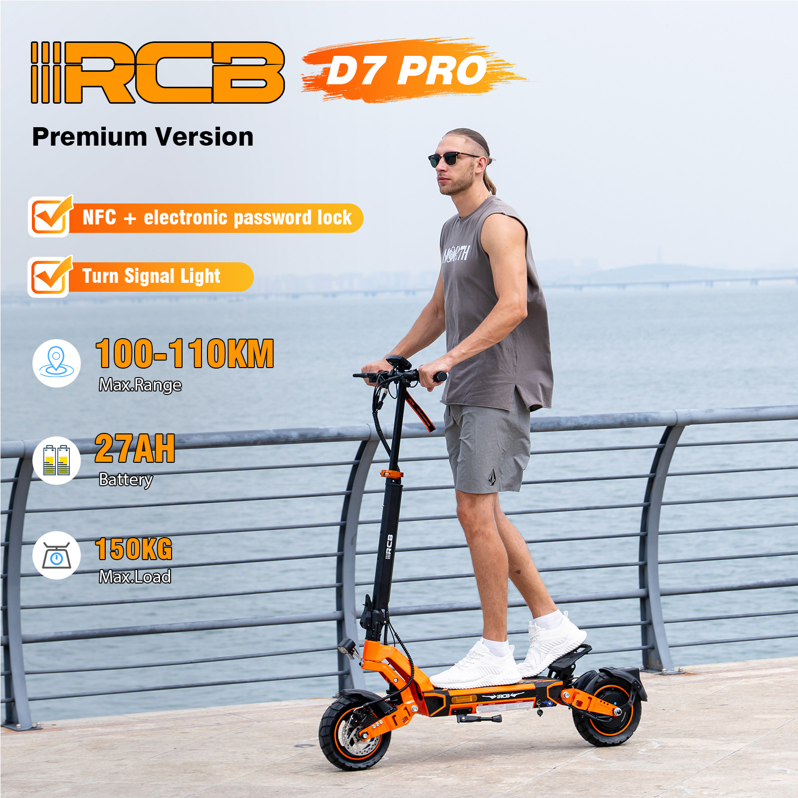 A man rides an orange and black electric scooter with 100-110KM range.