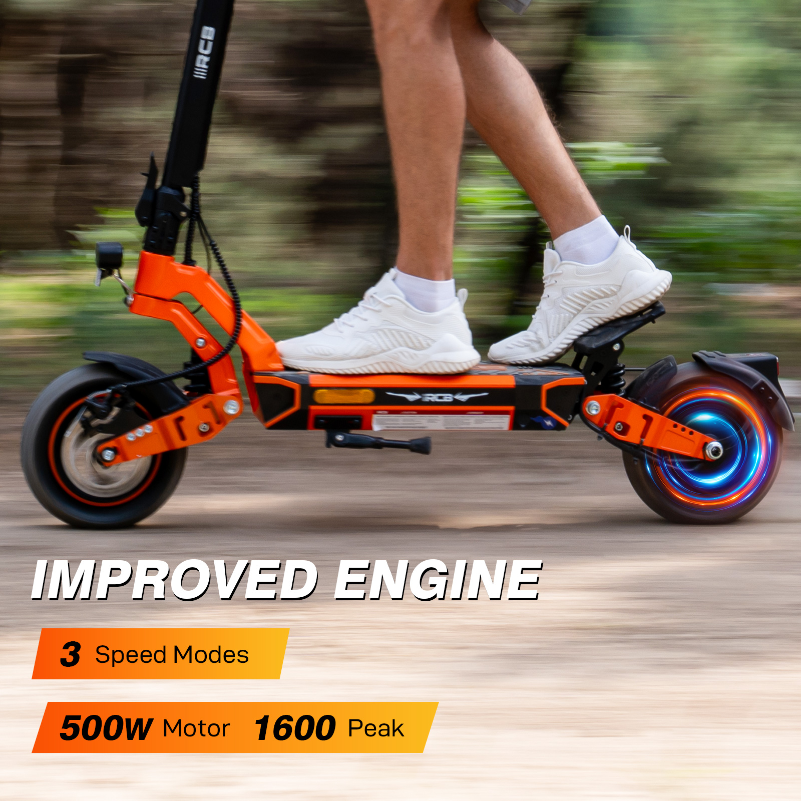 Orange e-scooter with glowing rear wheel, person riding.