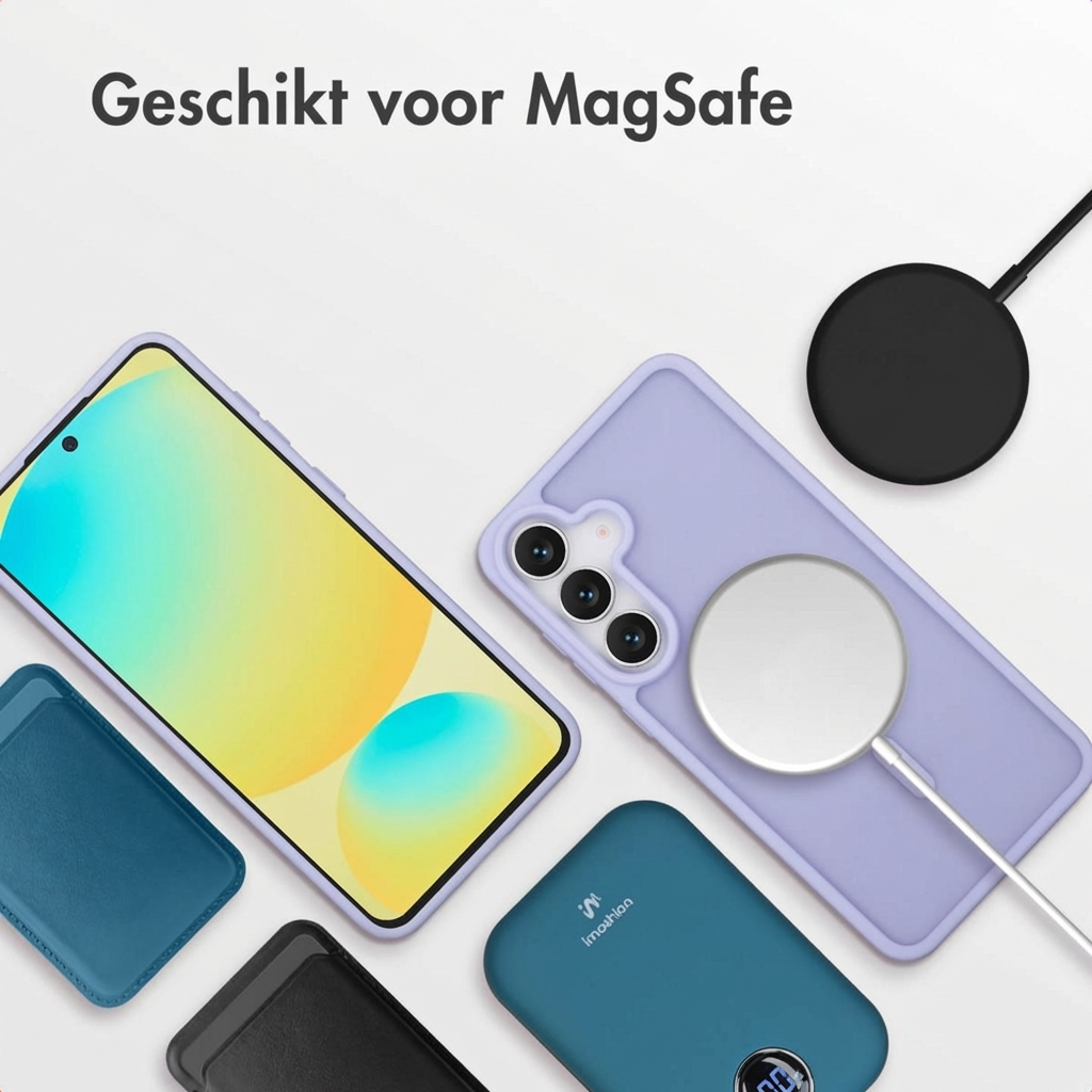 Een smartphone met MagSafe hoesje, oplader en powerbank