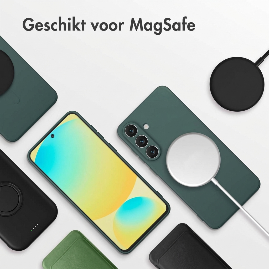 Een smartphone in groen hoesje, MagSafe lader en accessoires.