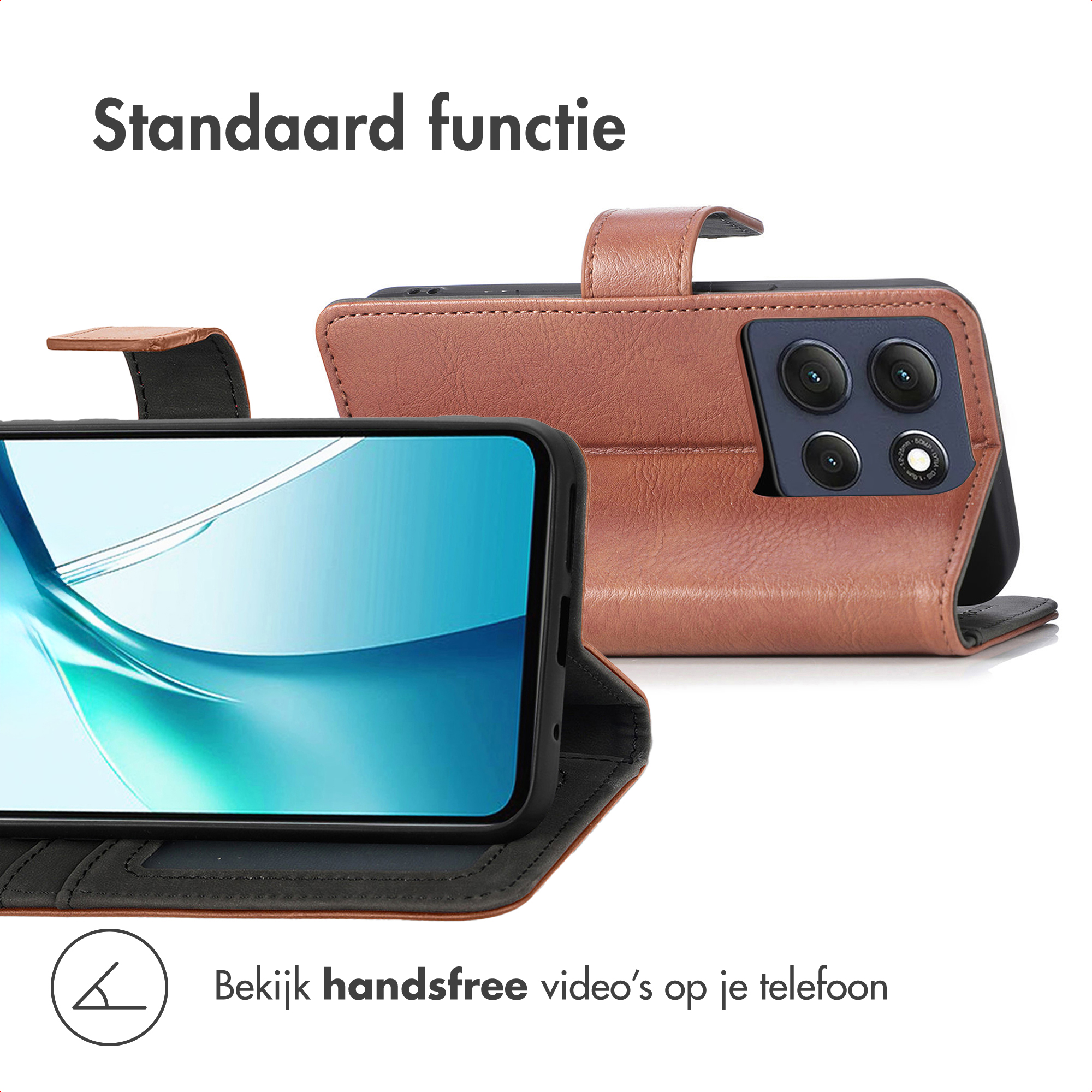 Bruine telefoonhoes met camera's en scherm, met standaardfunctie.