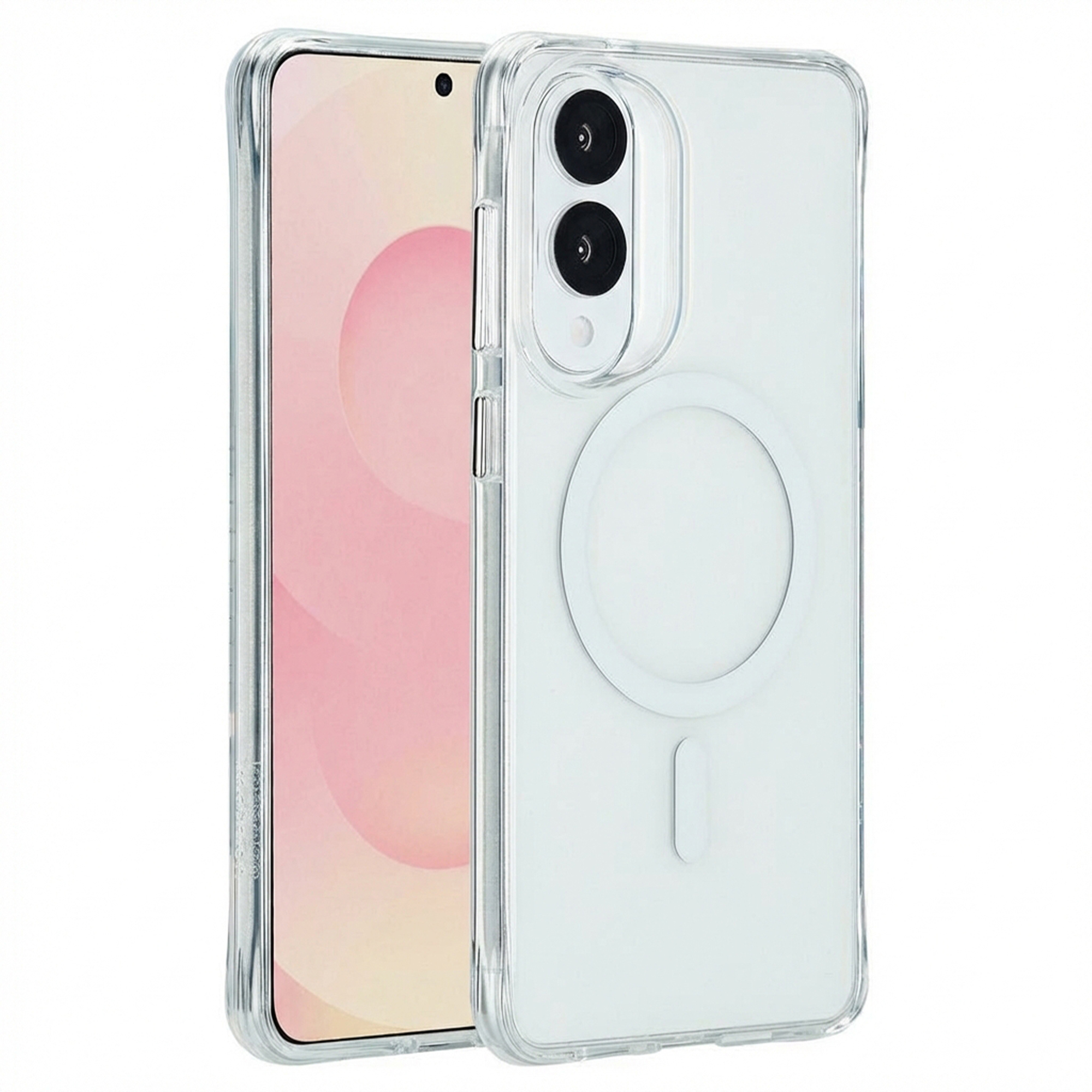 Une coque de téléphone transparente avec deux caméras et un aimant circulaire au dos.