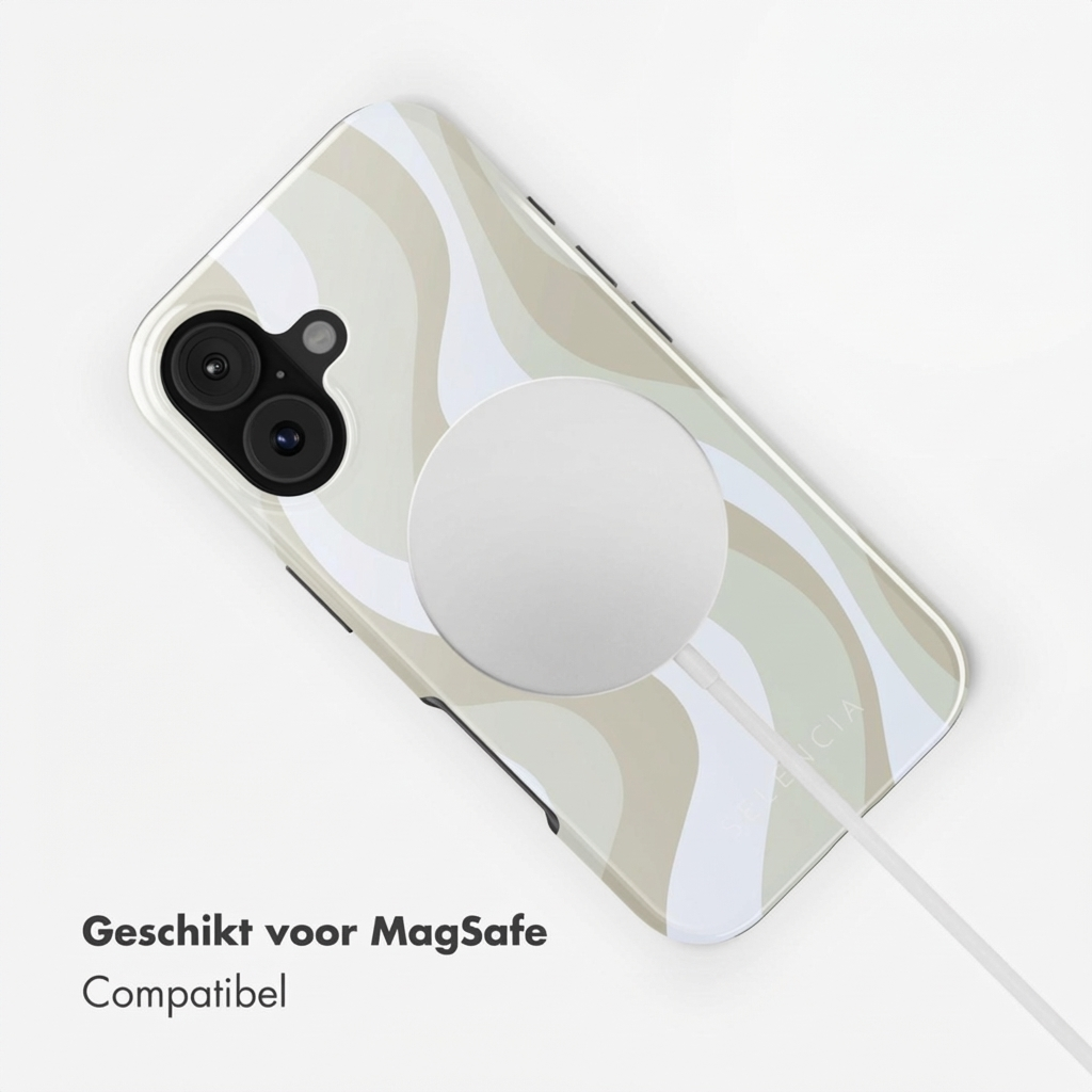Een telefoon met MagSafe-oplader, voorzien van een golvend patroon.