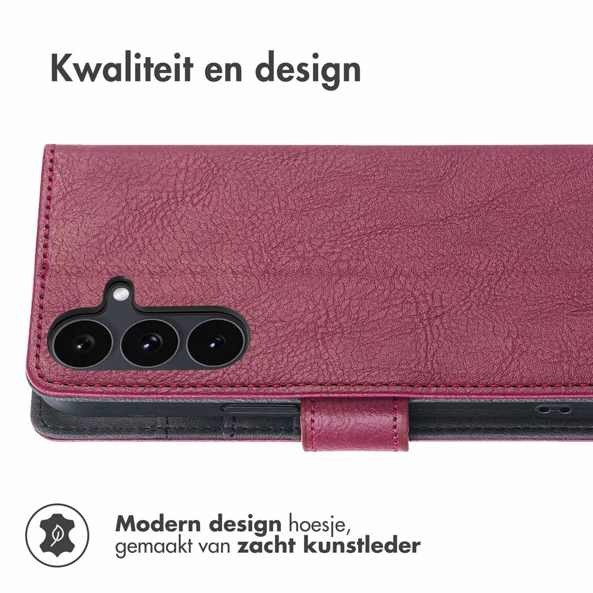 Étui de téléphone en cuir rouge avec objectifs de caméra visibles. Texte : Qualité et design.