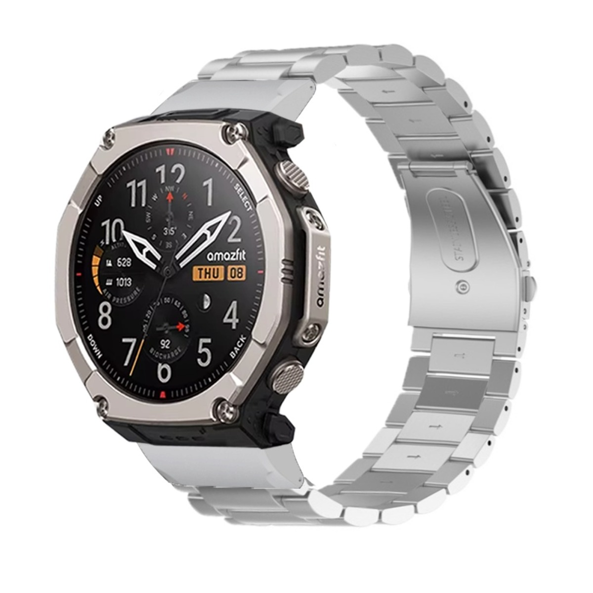 Eine silberne Smartwatch mit schwarzem Zifferblatt und Metallarmband.