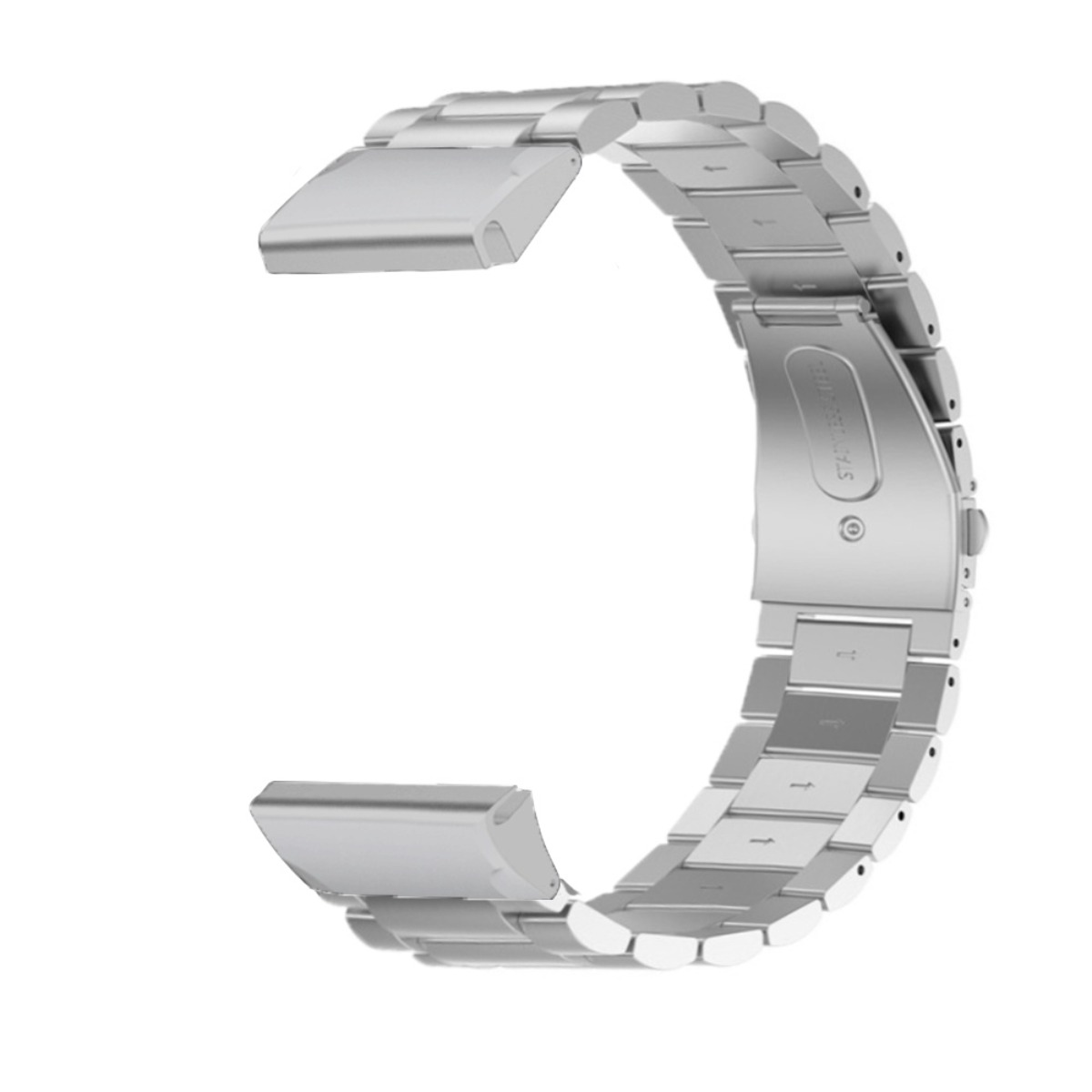 Ein silbernes Metallarmband für eine Uhr, das auf einem weißen Hintergrund liegt.
